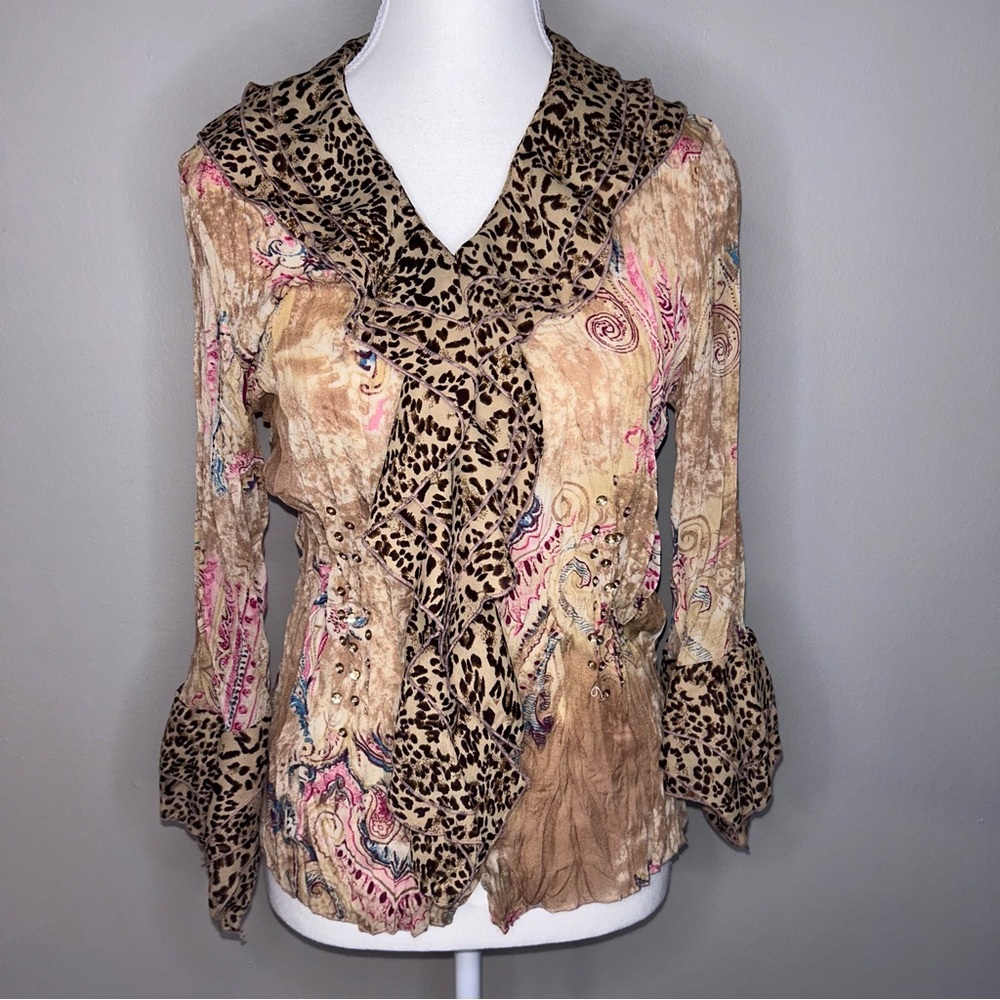 Agora cheetah/ paisley beaded blouse